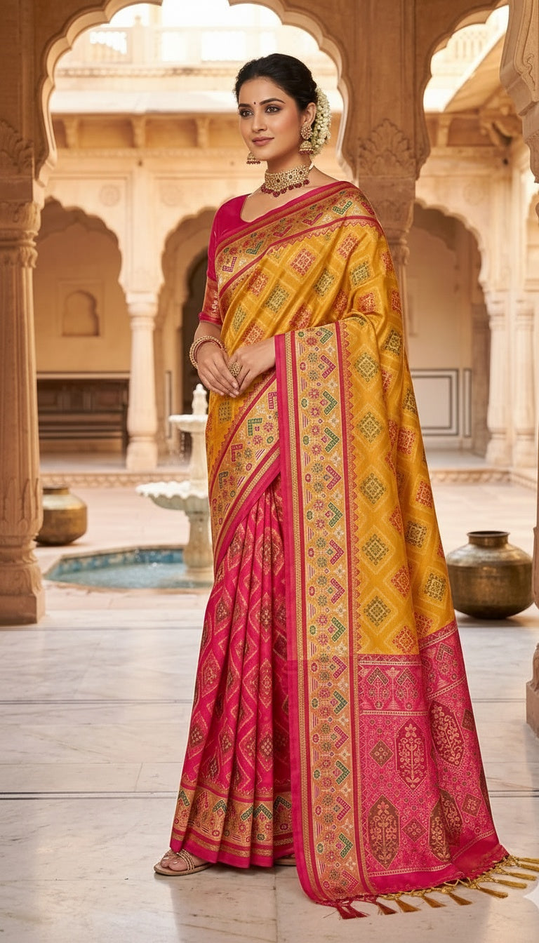OWLSKY, SASSY & STYLO Women’s Patola Silk Saree with Unstitched Blouse | Woven Ethnic Design | Dual Tone Traditional Saree | Festive, Casual & Office Wear