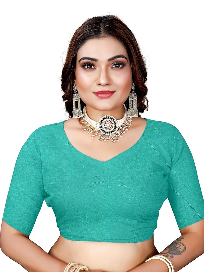 Owlsky Women’s Linen Tissue Silk Saree with Thread Weaving & Siroski Work | Included with Unstriched Blouse Piece | Aqua Blue