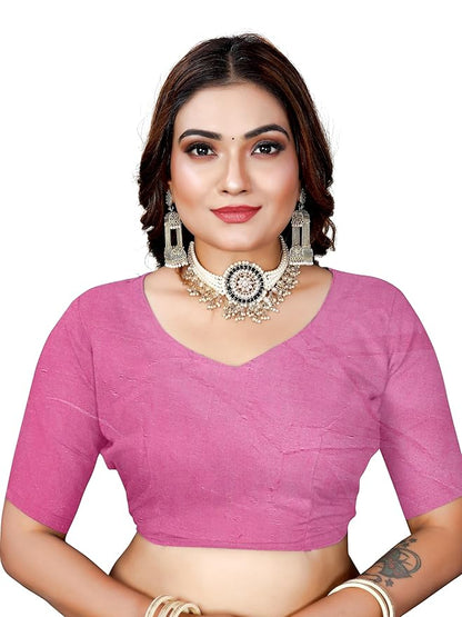 Owlsky Women’s Linen Tissue Silk Saree with Thread Weaving & Siroski Work | Included with Unstriched Blouse Piece | Rose Pink