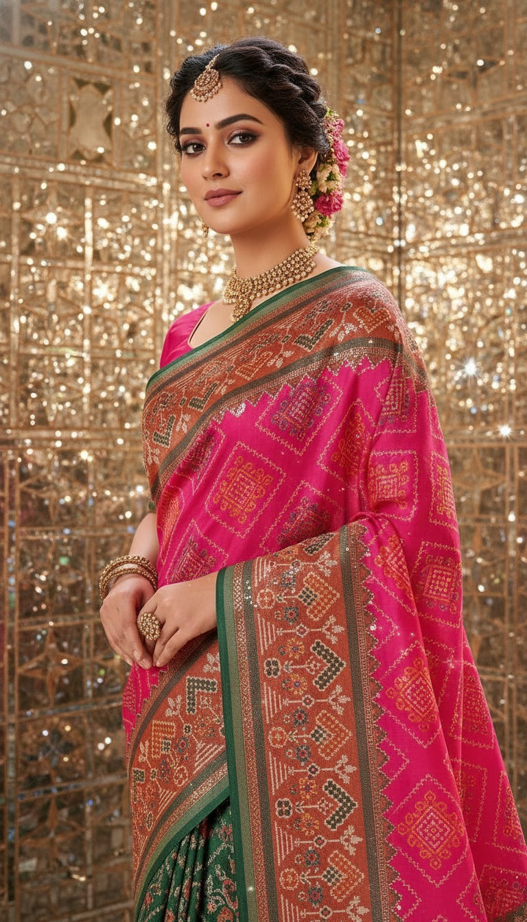 OWLSKY, SASSY & STYLO Women’s Patola Silk Saree with Unstitched Blouse | Woven Ethnic Design | Dual Tone Traditional Saree | Festive, Casual & Office Wear