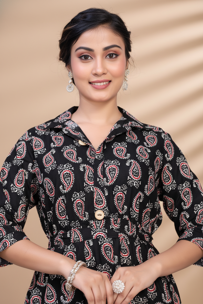 Owlsky Women Black & Red Kalamkari Printed Pure Cotton A-Line Shirt Dress -One Piece
