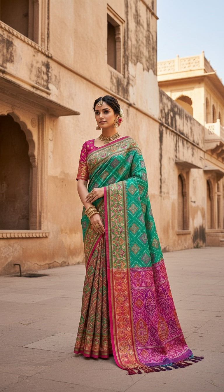 OWLSKY, SASSY & STYLO Women’s Patola Silk Saree with Unstitched Blouse | Woven Ethnic Design | Dual Tone Traditional Saree | Festive, Casual & Office Wear