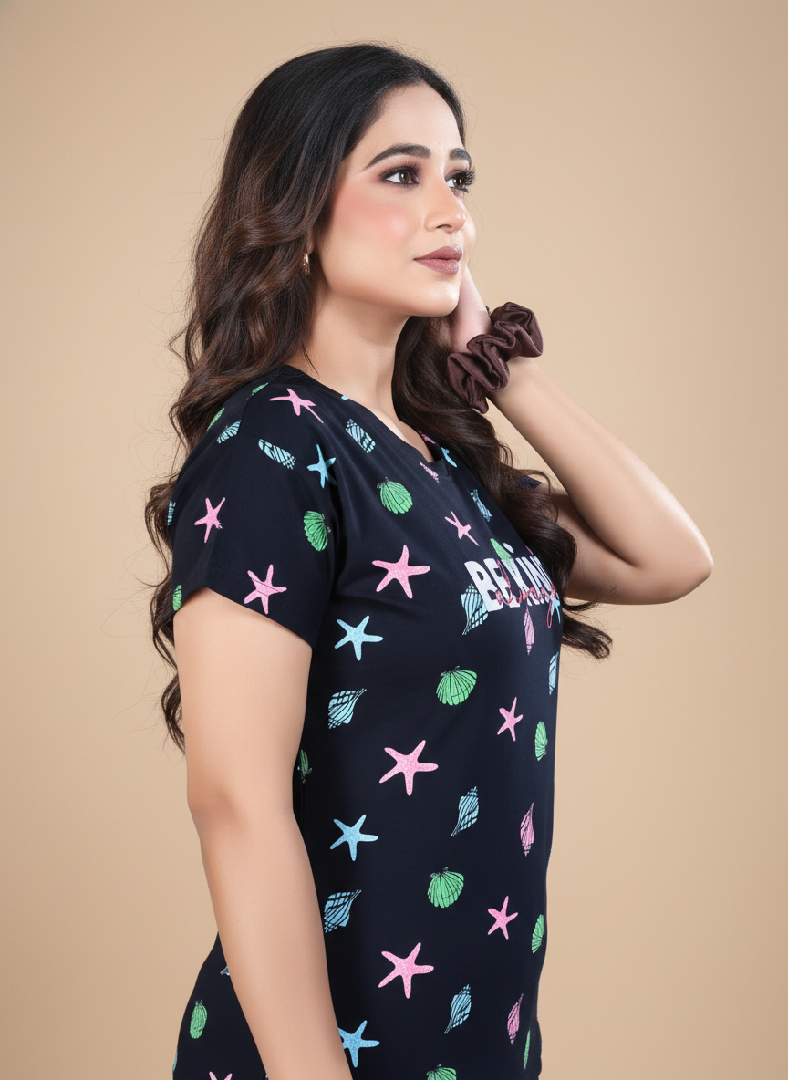 Owlsky Women Midnight Black Printed Hosiery Cotton Nightsuit