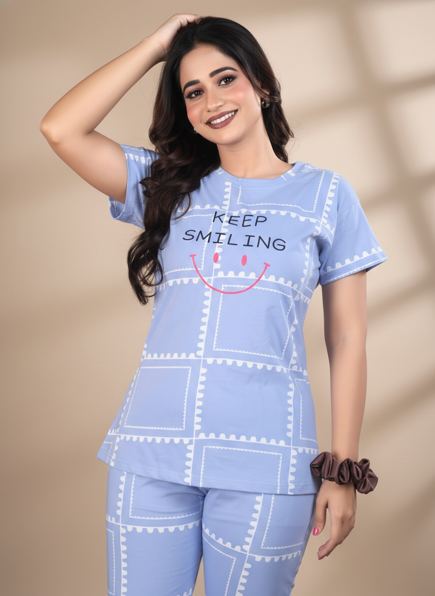 Owlsky Women Sky Blue & Navy Printed Hosiery Cotton Nightsuit