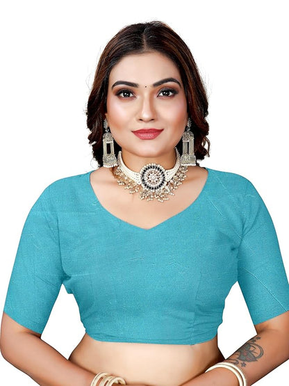 Owlsky Women’s Linen Tissue Silk Saree with Thread Weaving & Siroski Work | Included with Unstriched Blouse Piece | Sky Blue