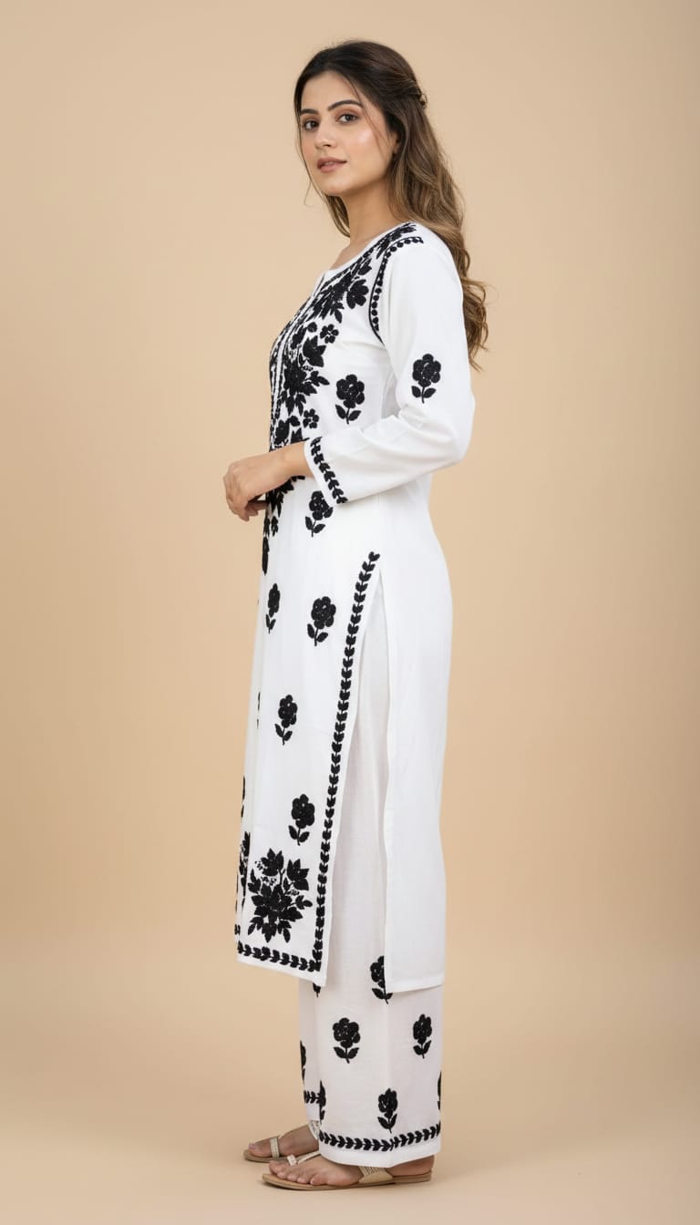 Owlsky Women Beige Lakhnavi Chikankari Modal Kurta with Palazzos-White