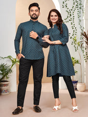Owl Sky Elegant Couple Combo: Men’s Shirt Kurta & Women’s Tunic Set Blue