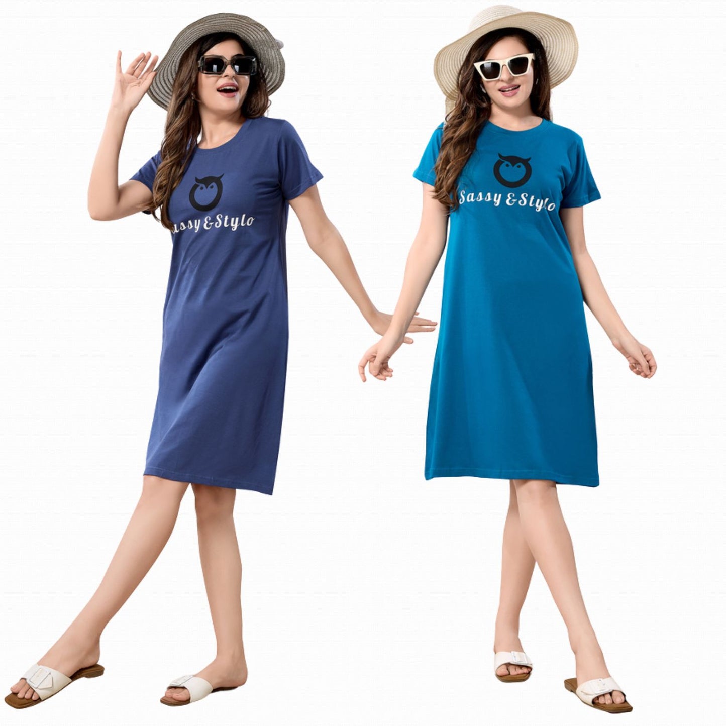 Women's Solid Printed Casual Relaxed Cotton Knee Length Regular Fit Nighty Combo Set of 2