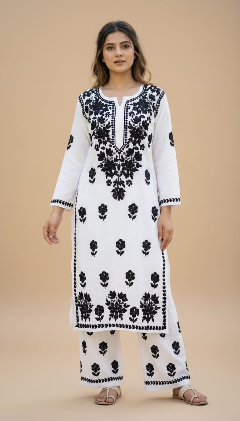 Owlsky Women Beige Lakhnavi Chikankari Modal Kurta with Palazzos-White