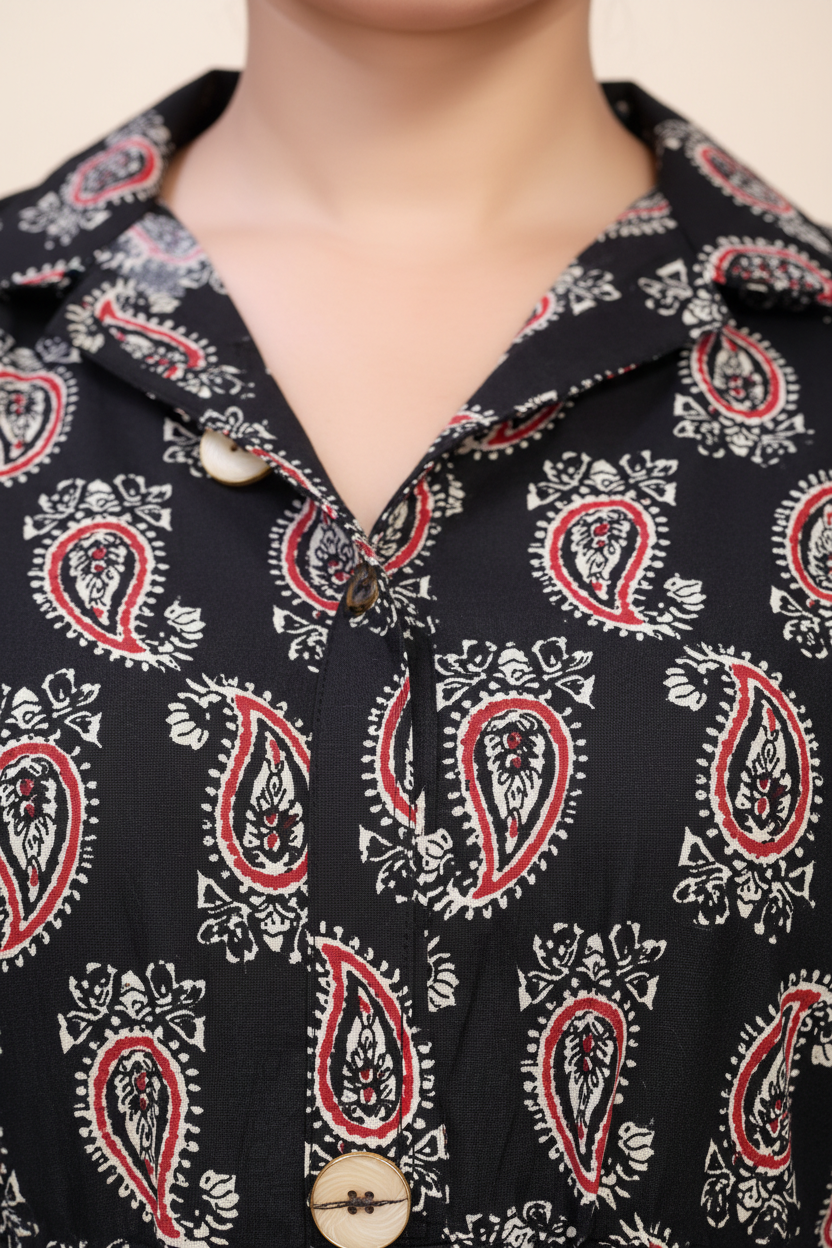Owlsky Women Black & Red Kalamkari Printed Pure Cotton A-Line Shirt Dress -One Piece