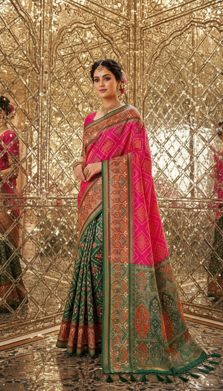 OWLSKY, SASSY & STYLO Women’s Patola Silk Saree with Unstitched Blouse | Woven Ethnic Design | Dual Tone Traditional Saree | Festive, Casual & Office Wear