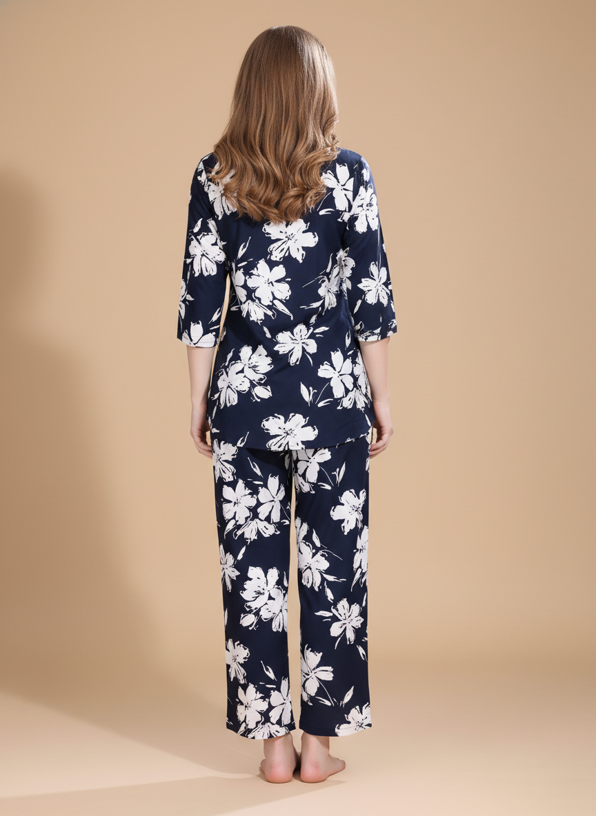 Owlsky Women Navy Blue & White Floral Printed Rayon Co-ord Set