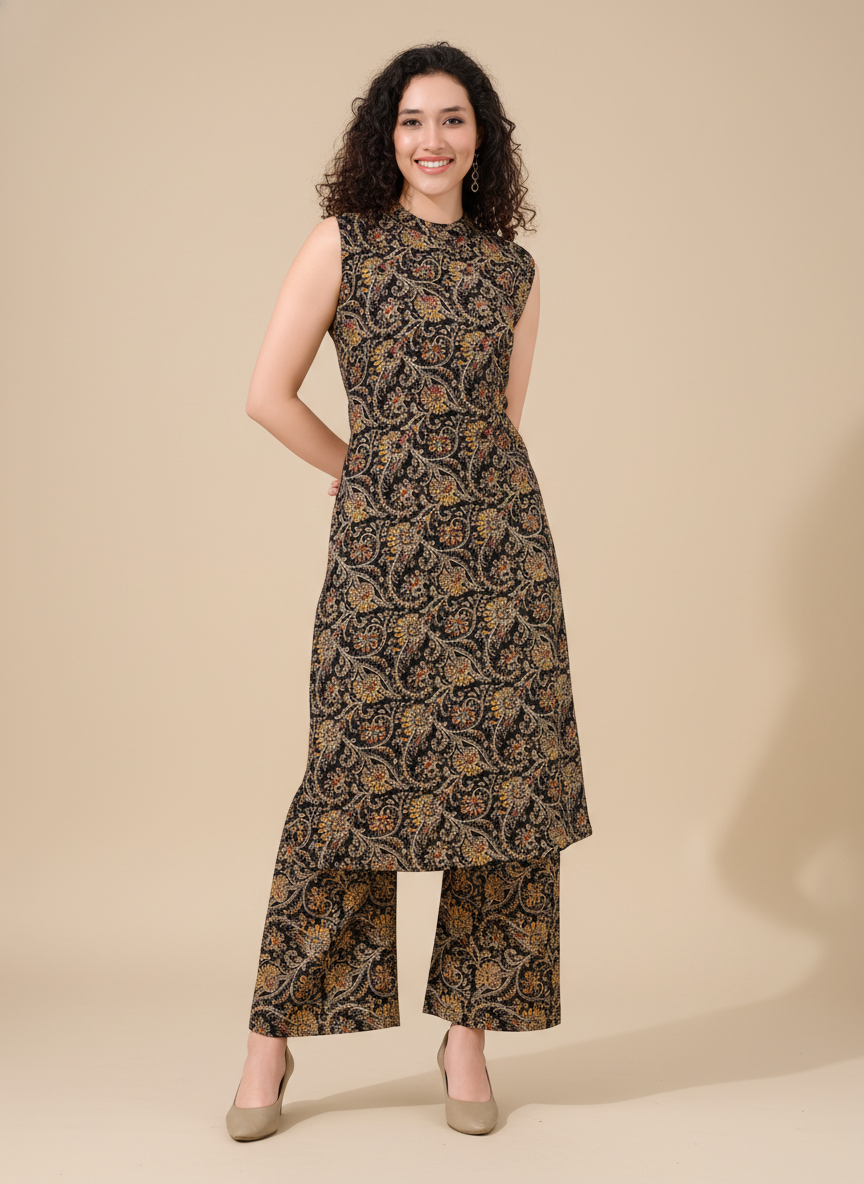 Owlsky Women Black & Gold Ethnic Printed Pure Cotton Co-ord Set