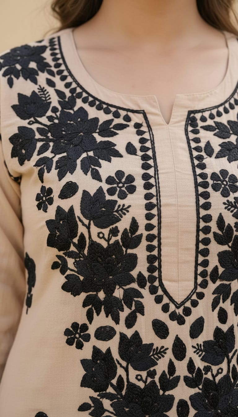 Owlsky Women Beige Lakhnavi Chikankari Modal Kurta with Palazzos