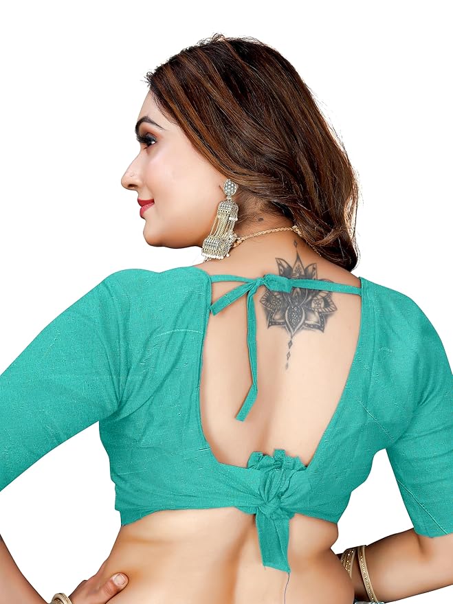 Owlsky Women’s Linen Tissue Silk Saree with Thread Weaving & Siroski Work | Included with Unstriched Blouse Piece | Aqua Blue