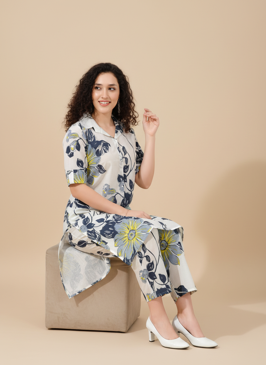 Women’s Cotton Floral Printed Co-ord Set of Kurta and Pants | Stylish Casual Two-Piece Outfit | V Neck 3/4 Sleeve