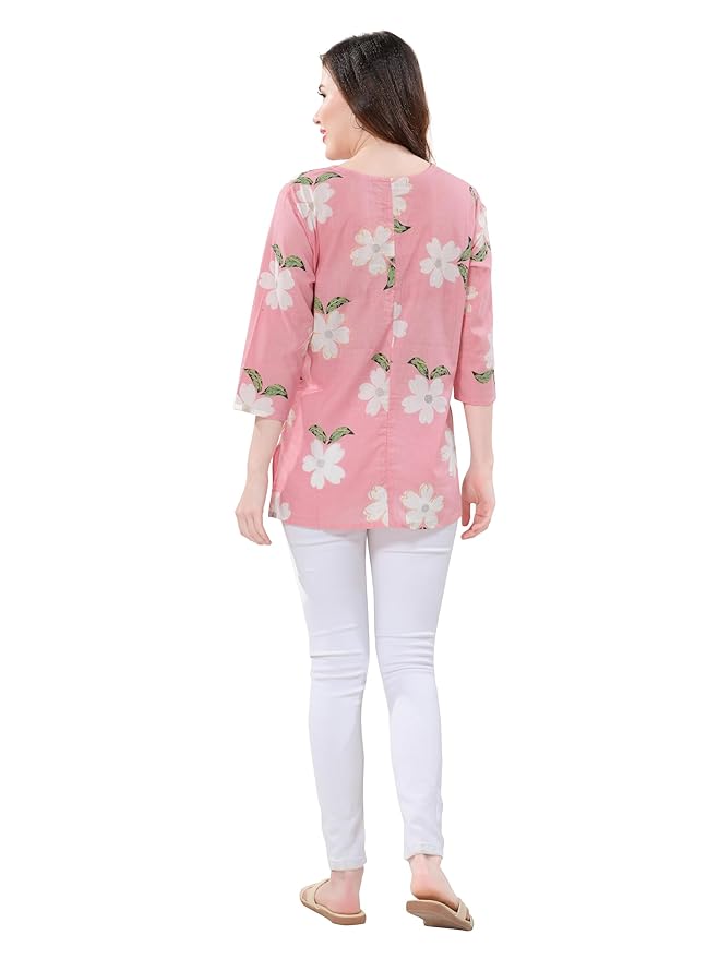 Owl Sky Women’s Pure Cotton Jaipuri Printed Short Kurti – Free Size Pink