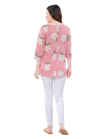 Owl Sky Women’s Pure Cotton Jaipuri Printed Short Kurti – Free Size Pink