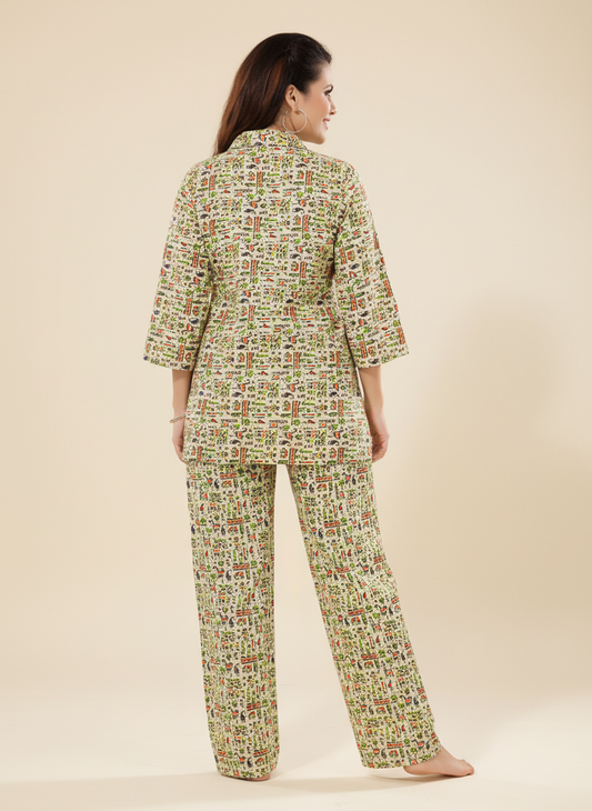 Owlsky Women Beige & Multi-coloured Ethnic Printed Cotton Co-ord Set