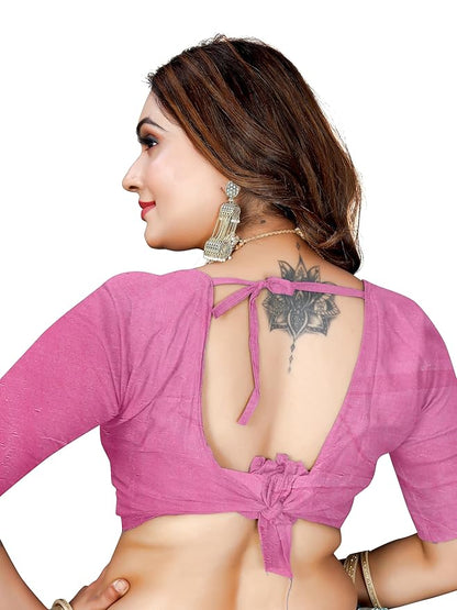 Owlsky Women’s Linen Tissue Silk Saree with Thread Weaving & Siroski Work | Included with Unstriched Blouse Piece | Rose Pink