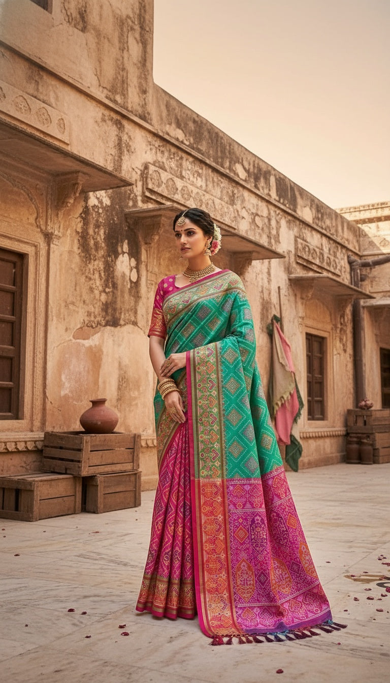 OWLSKY, SASSY & STYLO Women’s Patola Silk Saree with Unstitched Blouse | Woven Ethnic Design | Dual Tone Traditional Saree | Festive, Casual & Office Wear