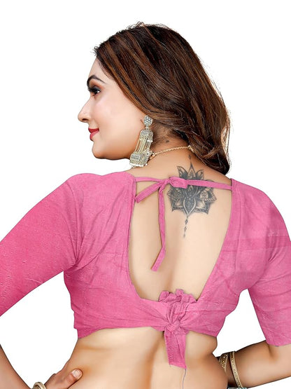 Owlsky Women’s Linen Tissue Silk Saree with Thread Weaving & Siroski Work | Included with Unstriched Blouse Piece | Rani Pink