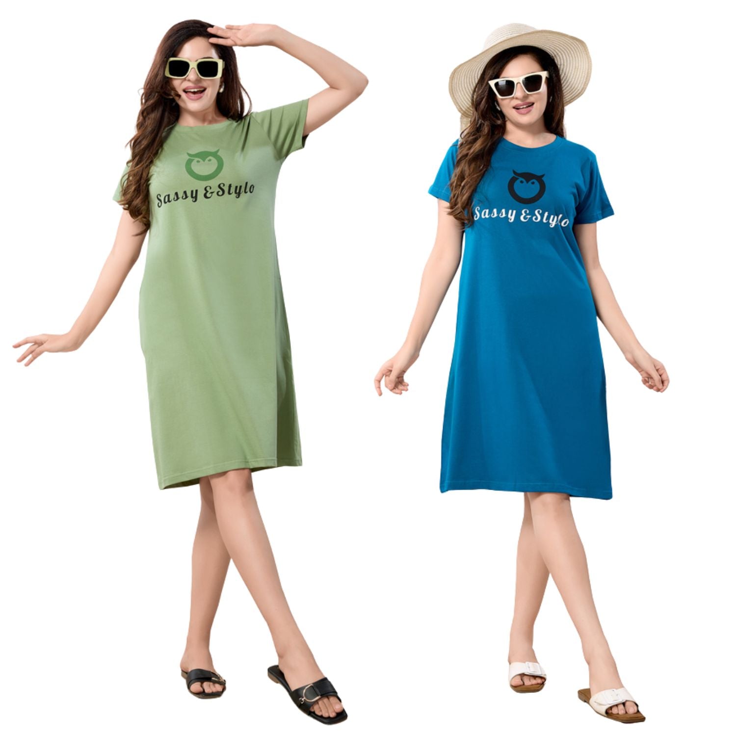 Women's Solid Printed Casual Relaxed Cotton Knee Length Regular Fit Nighty Combo Set of 2