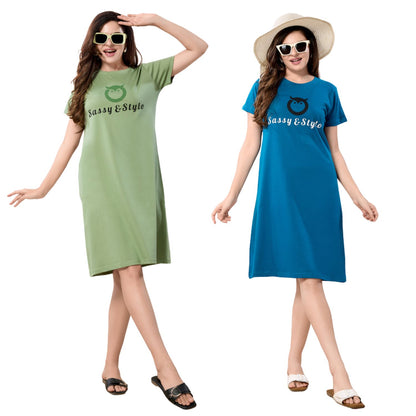 Women's Solid Printed Casual Relaxed Cotton Knee Length Regular Fit Nighty Combo Set of 2