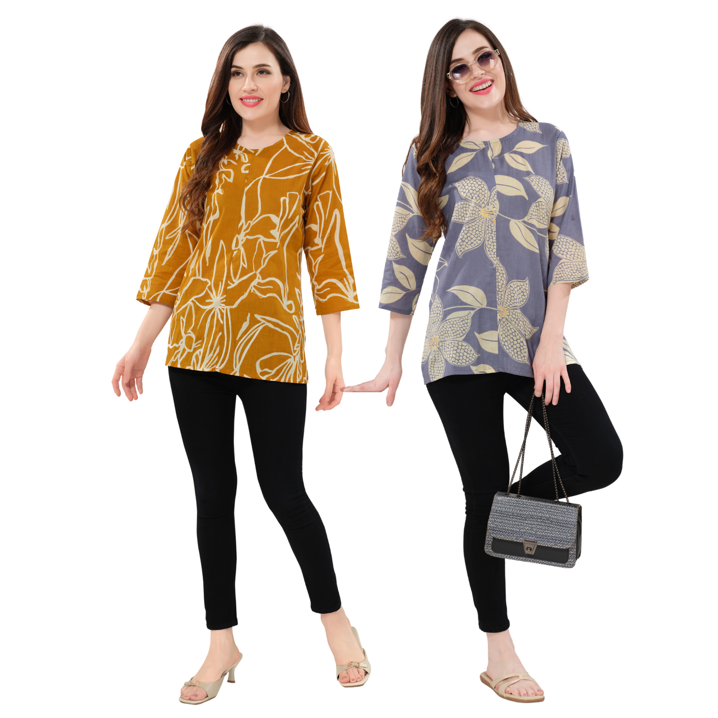 Owlsky Women’s Pure Cotton Jaipuri Printed Short Kurti  Combo Pack of 2 – Free Size - Orange and Purple