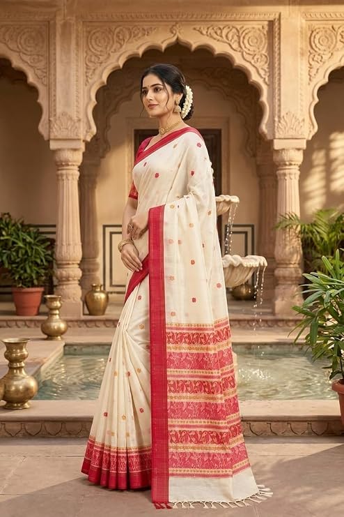 OWLSKY, SASSY & STYLO Women's Premium Handloom Mulcotton Saree | Ivory Cream Baluchari Jamdani Inspired Floral Buti Design with Rani Pink Border | Traditional Festive Ethnic Wear