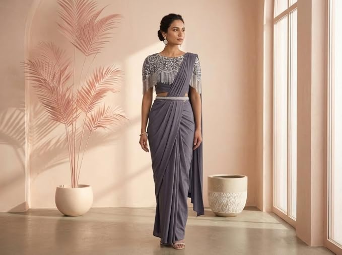Owlsky Women Ready-to-Wear One Minute Saree with Embellished Fringed Cape Blouse & Handcrafted Belt | Imported Georgette Wedding & Festive Saree | Pre-Draped Saree