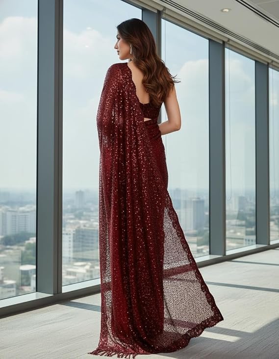 Sequine Georgette Saree | Designer Cutwork Lace Border Saree with Unstitched Blouse Piece | Latest Party Wedding Sequins
