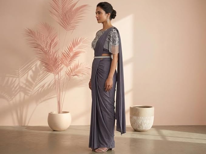 Owlsky Women Ready-to-Wear One Minute Saree with Embellished Fringed Cape Blouse & Handcrafted Belt | Imported Georgette Wedding & Festive Saree | Pre-Draped Saree
