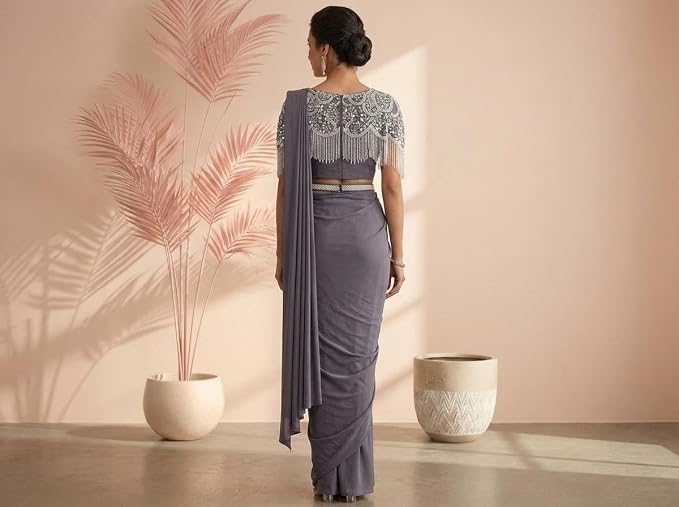 Owlsky Women Ready-to-Wear One Minute Saree with Embellished Fringed Cape Blouse & Handcrafted Belt | Imported Georgette Wedding & Festive Saree | Pre-Draped Saree