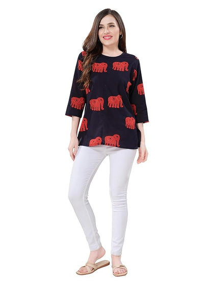 Owl Sky Women’s Pure Cotton Jaipuri Printed Short Kurti – Free Size Black