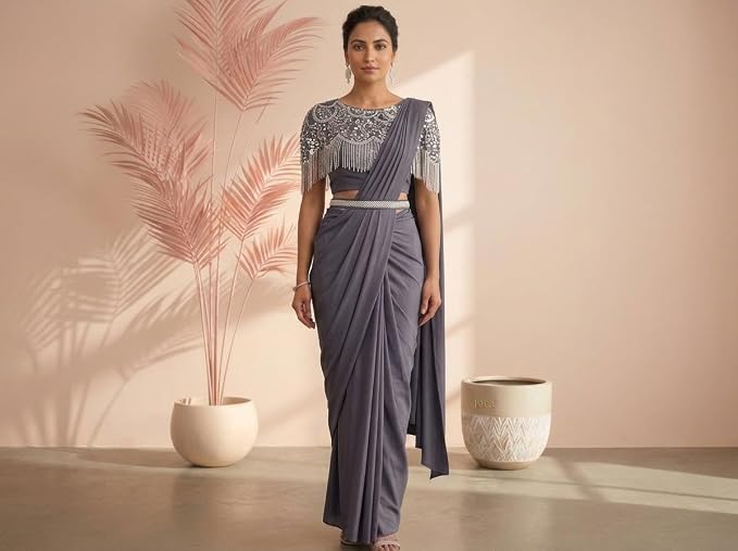 Owlsky Women Ready-to-Wear One Minute Saree with Embellished Fringed Cape Blouse & Handcrafted Belt | Imported Georgette Wedding & Festive Saree | Pre-Draped Saree