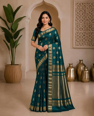 Teal Blue With Gold Zari