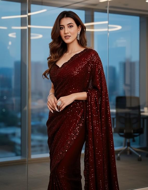 Sequine Georgette Saree | Designer Cutwork Lace Border Saree with Unstitched Blouse Piece | Latest Party Wedding Sequins