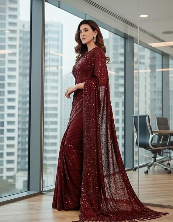 Sequine Georgette Saree | Designer Cutwork Lace Border Saree with Unstitched Blouse Piece | Latest Party Wedding Sequins