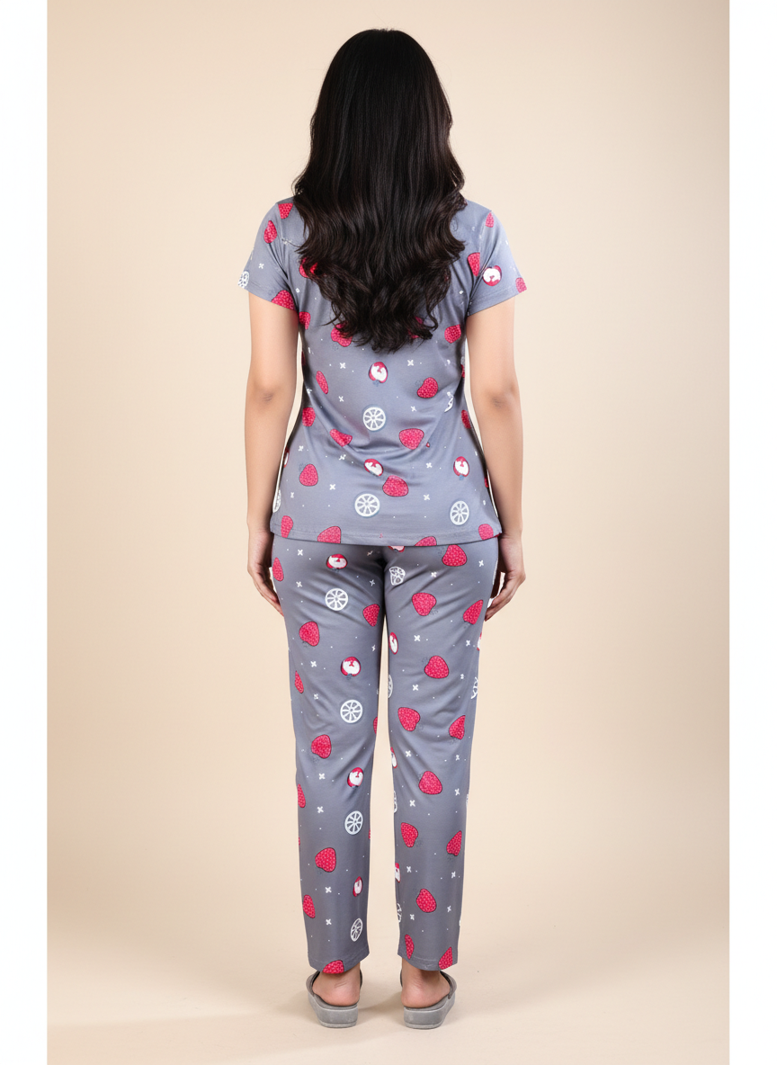 Owlsky Women Lite Blue Abstract Printed Hosiery Cotton Nightsuit