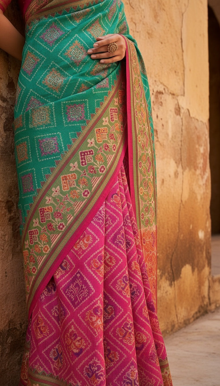 OWLSKY, SASSY & STYLO Women’s Patola Silk Saree with Unstitched Blouse | Woven Ethnic Design | Dual Tone Traditional Saree | Festive, Casual & Office Wear