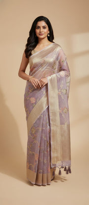 Owlsky Lavender & Gold-Toned Floral Woven Design Organza Silk Saree with Tassels
