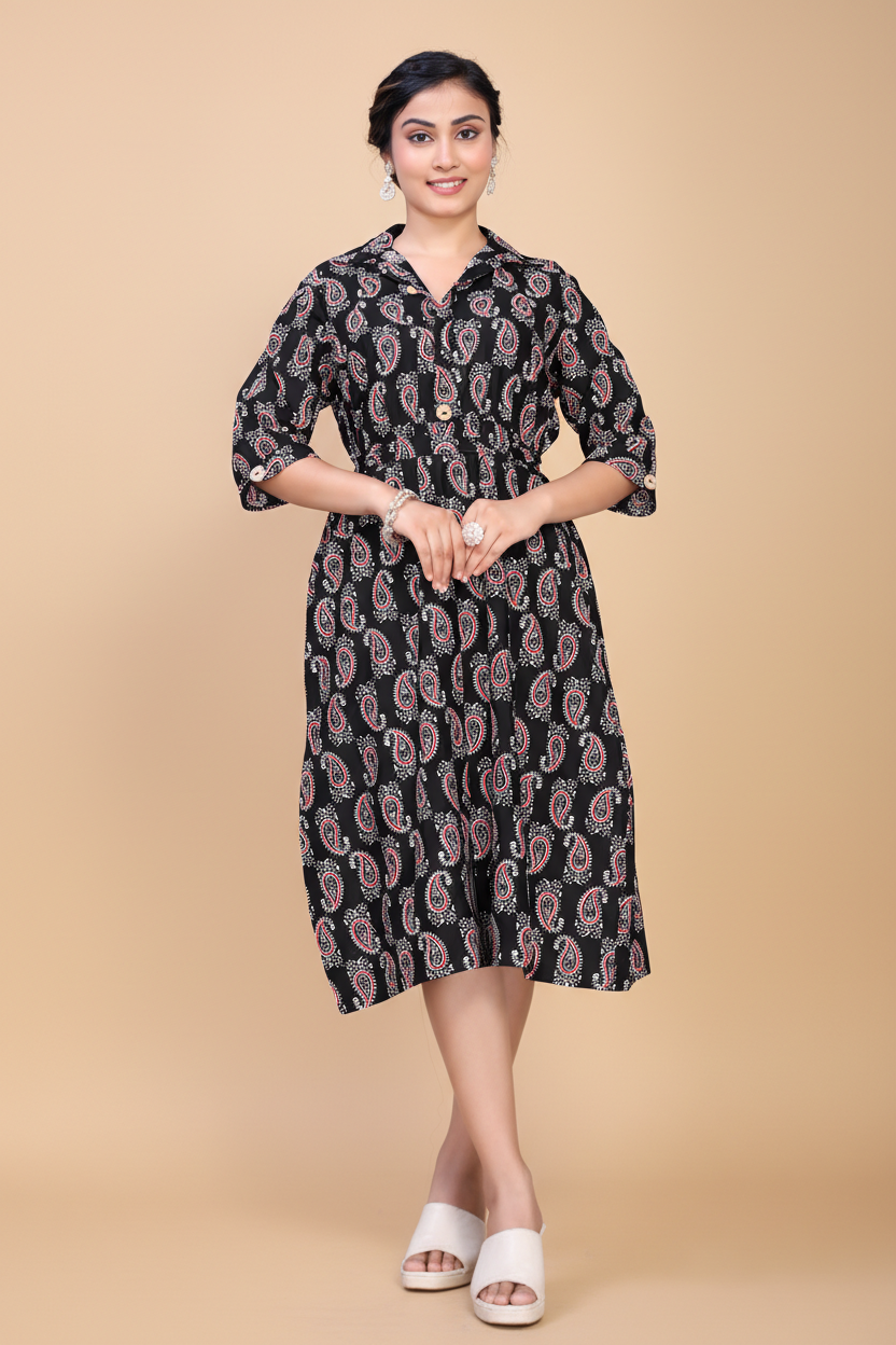 Owlsky Women Black & Red Kalamkari Printed Pure Cotton A-Line Shirt Dress -One Piece