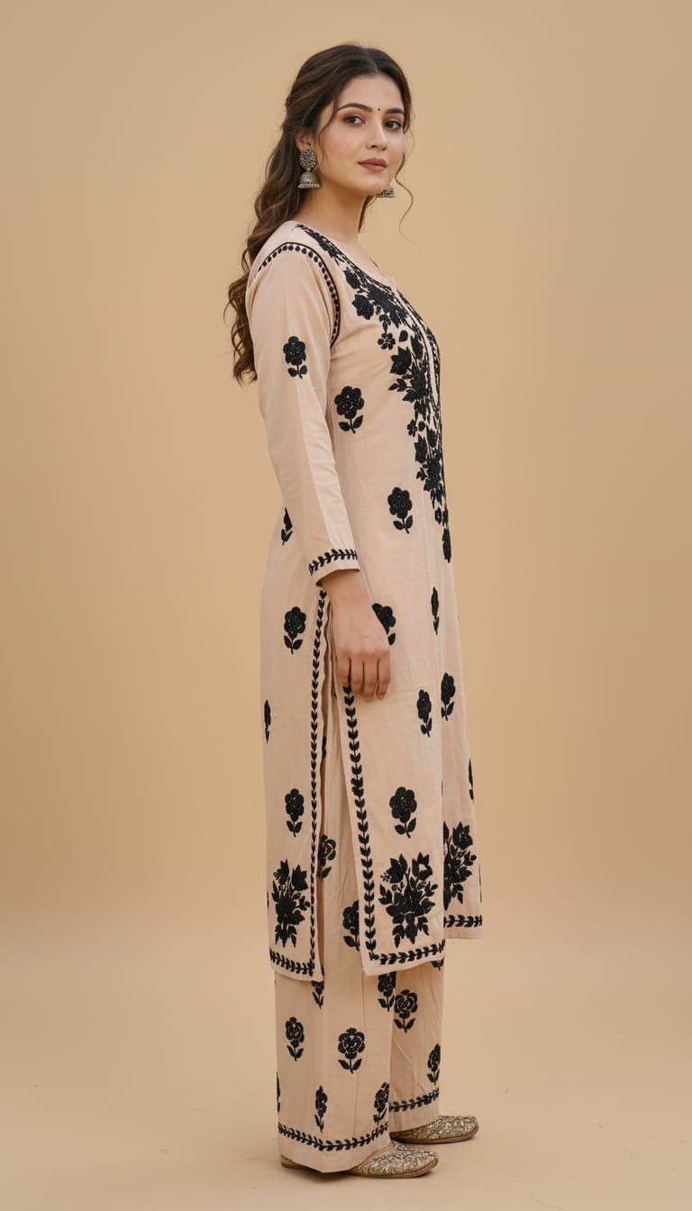 Owlsky Women Beige Lakhnavi Chikankari Modal Kurta with Palazzos