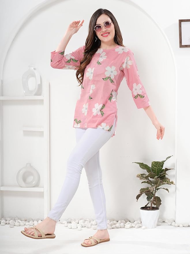 Owl Sky Women’s Pure Cotton Jaipuri Printed Short Kurti – Free Size Pink