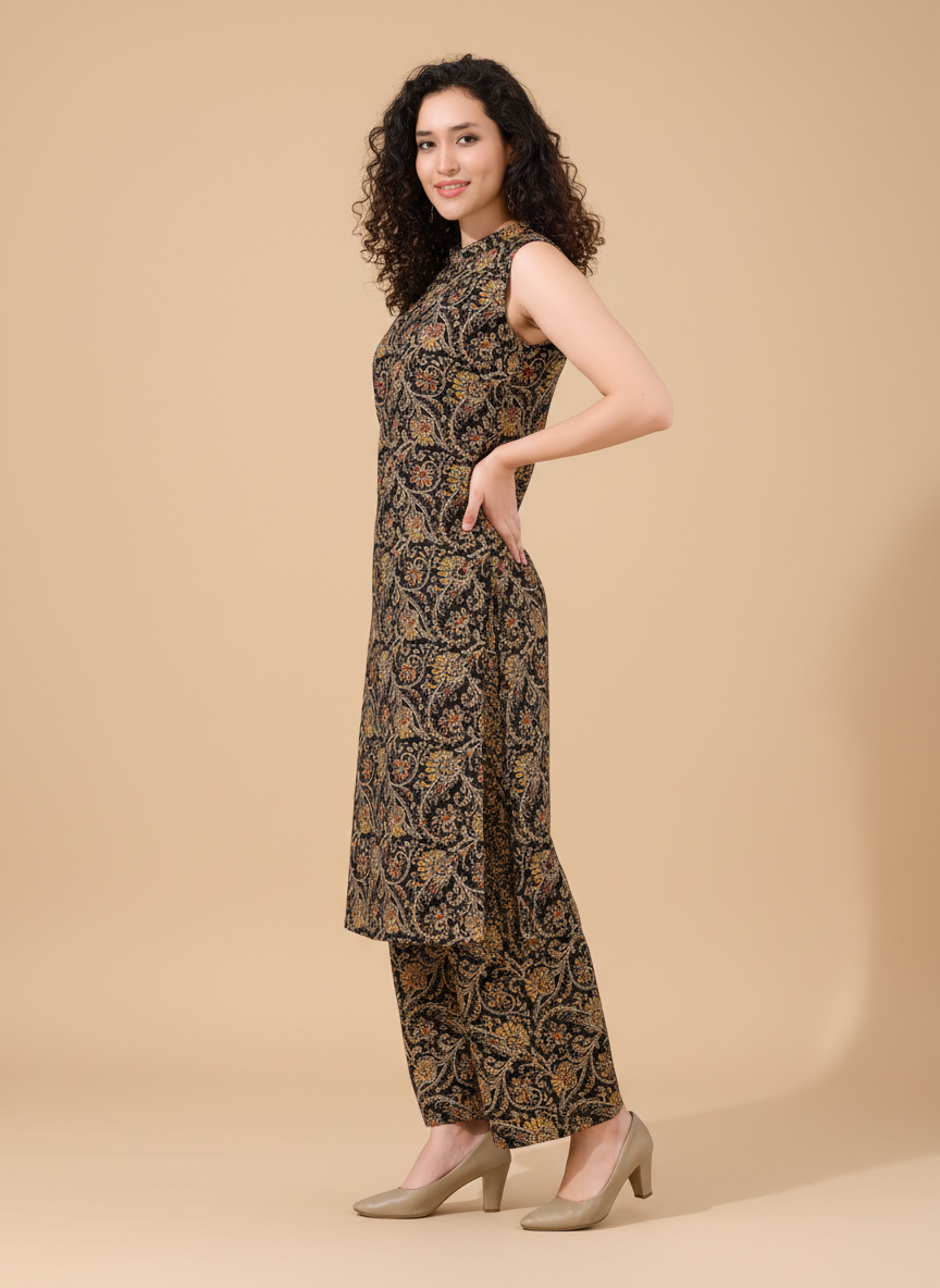 Owlsky Women Black & Gold Ethnic Printed Pure Cotton Co-ord Set
