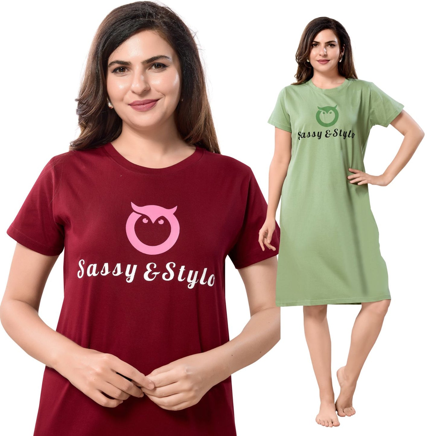 Women's Solid Printed Casual Relaxed Cotton Knee Length Regular Fit Nighty Combo Set of 2