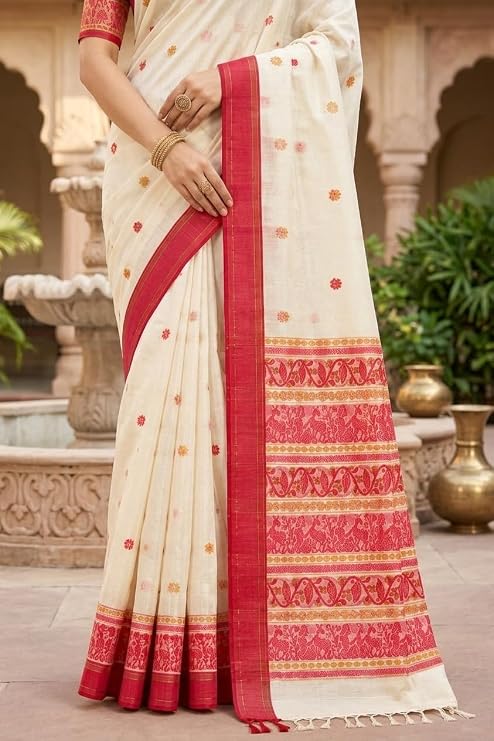 OWLSKY, SASSY & STYLO Women's Premium Handloom Mulcotton Saree | Ivory Cream Baluchari Jamdani Inspired Floral Buti Design with Rani Pink Border | Traditional Festive Ethnic Wear