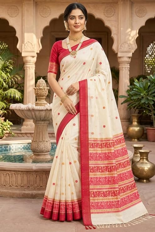 OWLSKY, SASSY & STYLO Women's Premium Handloom Mulcotton Saree | Ivory Cream Baluchari Jamdani Inspired Floral Buti Design with Rani Pink Border | Traditional Festive Ethnic Wear