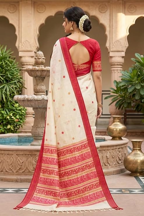 OWLSKY, SASSY & STYLO Women's Premium Handloom Mulcotton Saree | Ivory Cream Baluchari Jamdani Inspired Floral Buti Design with Rani Pink Border | Traditional Festive Ethnic Wear